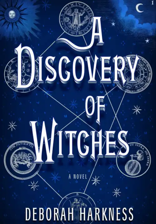 Book Cover of A Discovery of Witches. A blue background holds illustrated silver mystical symbols that are interconnected with a single line. Silver illustrated star bursts are randomly placed around the cover.
